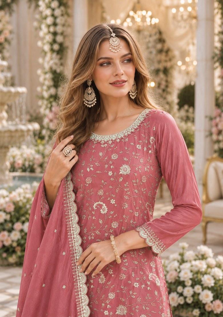 Peach Embroidered Silk Palazzo Set - Indya