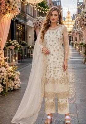 White Embroidered Net Palazzo Set