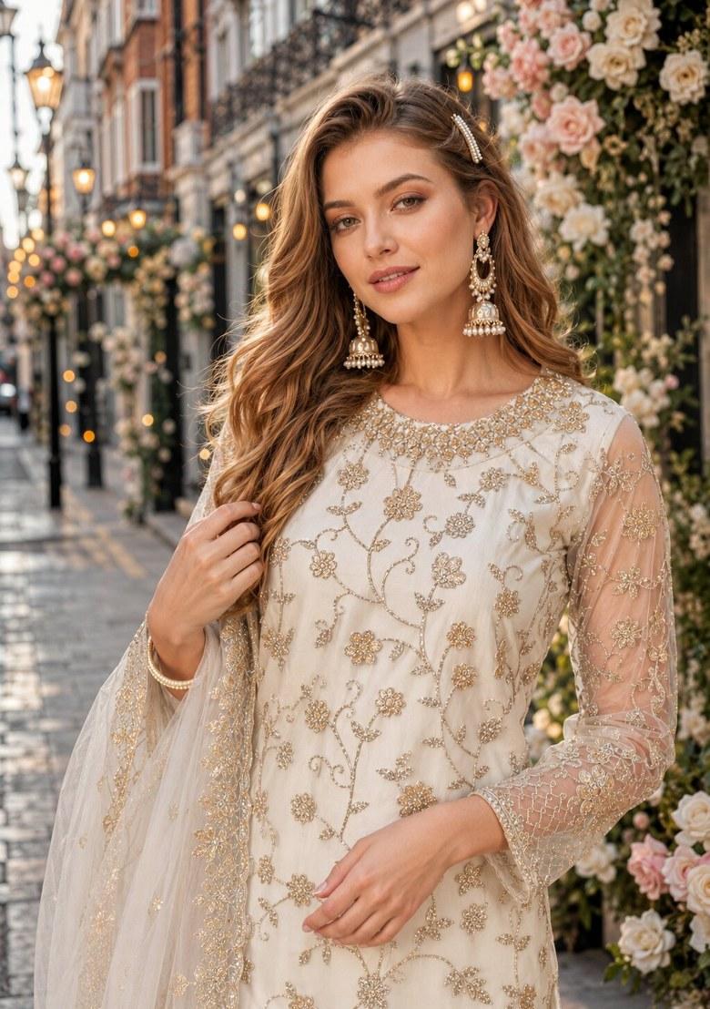 White Embroidered Net Palazzo Set - Indya
