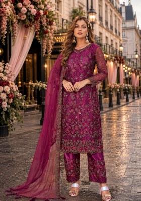 Purple Embroidered Net Palazzo Set