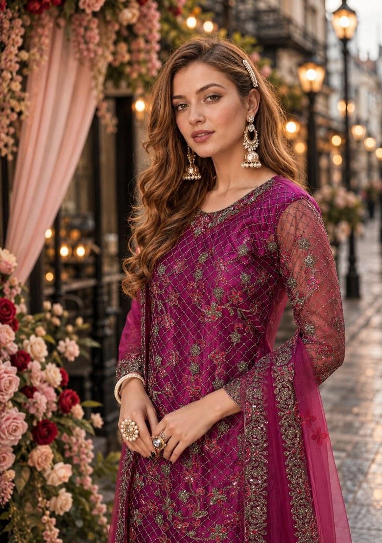 Purple Embroidered Net Palazzo Set - Indya