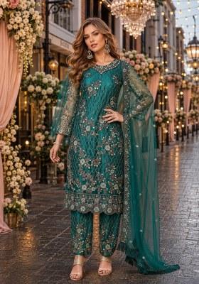 Teal Embroidered Net Palazzo Set