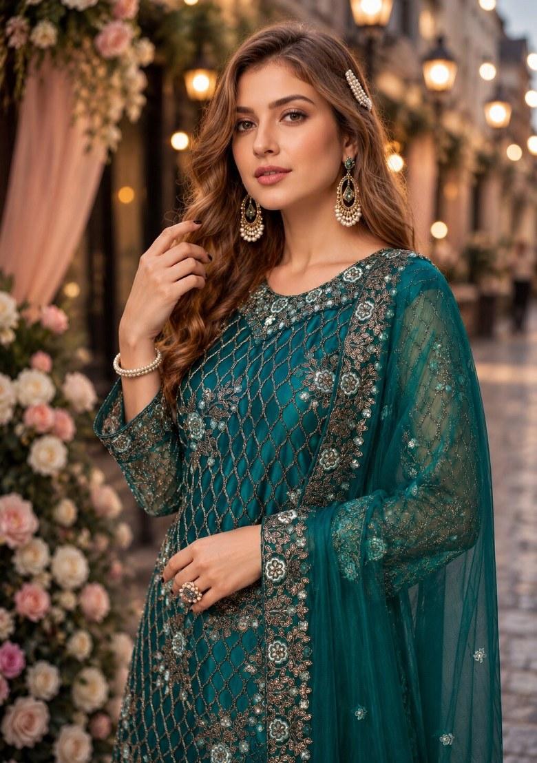 Teal Embroidered Net Palazzo Set - Indya