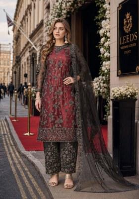 Maroon Embroidered Net Palazzo Set