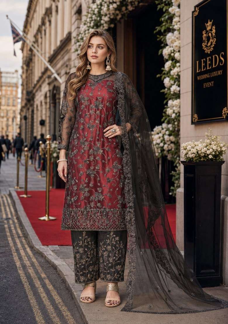 Maroon Embroidered Net Palazzo Set - Indya