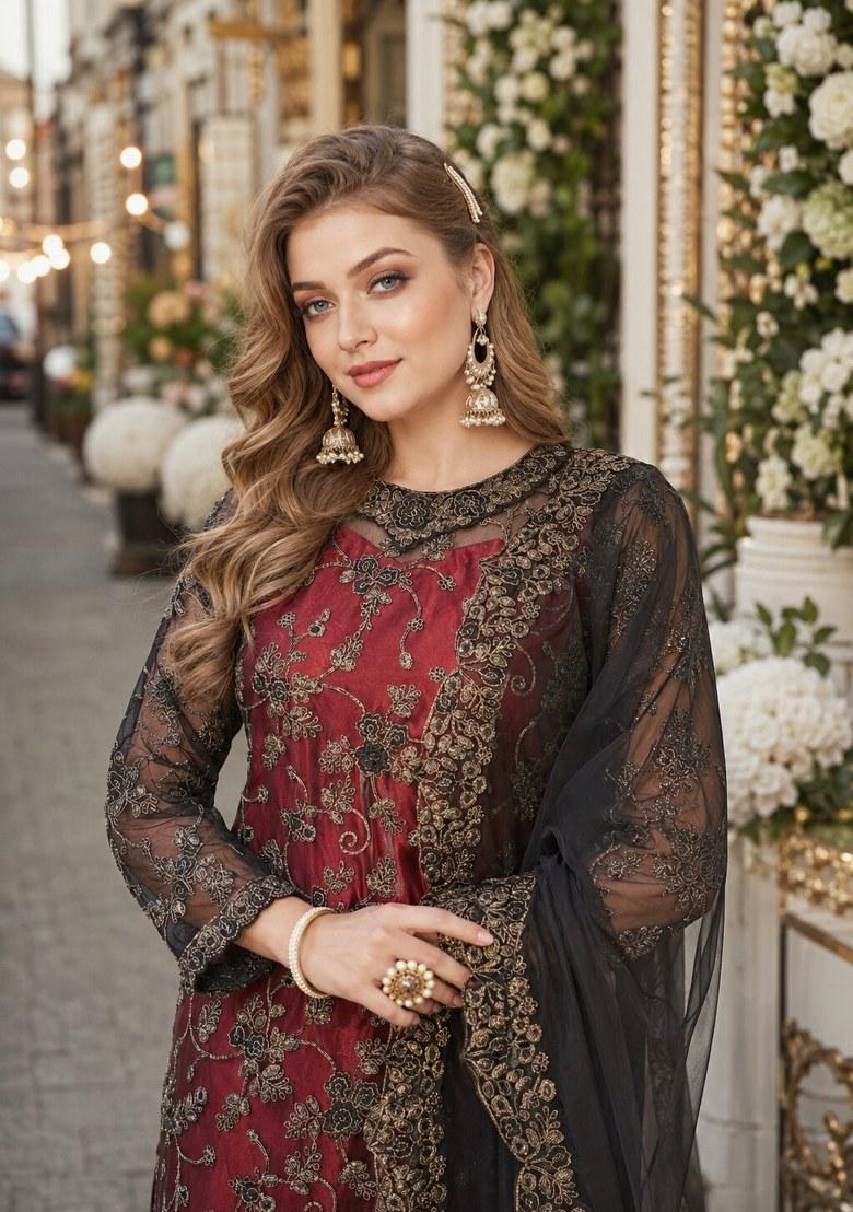 Maroon Embroidered Net Palazzo Set - Indya