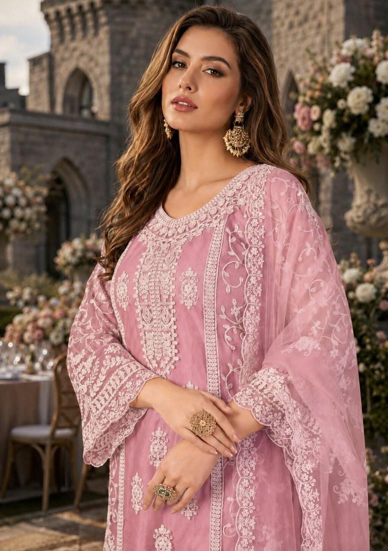Pink Embroidered Net Palazzo Set - Indya