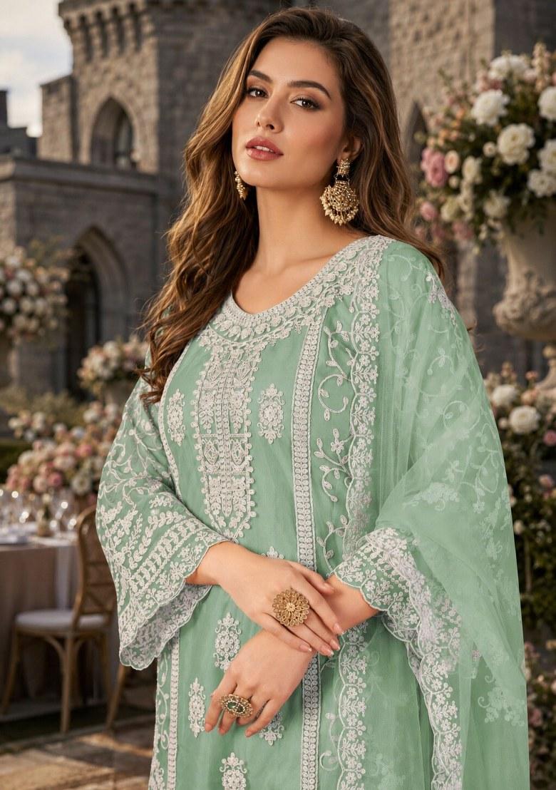 Light Green Embroidered Net Palazzo Set - Indya