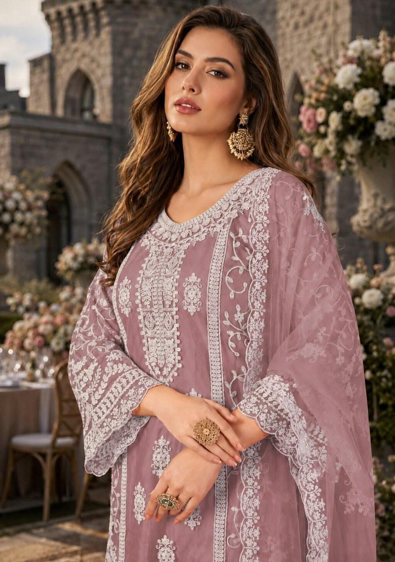 Purple Embroidered Net Palazzo Set - Indya