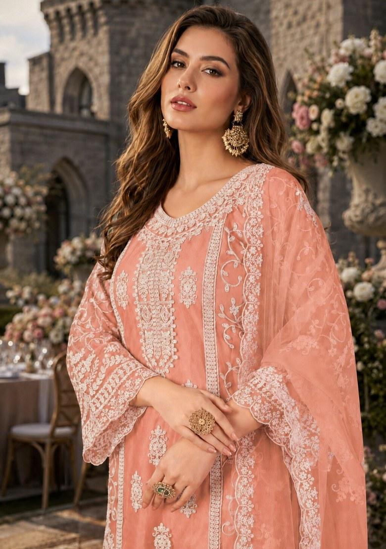 Orange Embroidered Net Palazzo Set - Indya