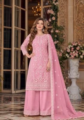 Pink Embroidered Net Palazzo Set