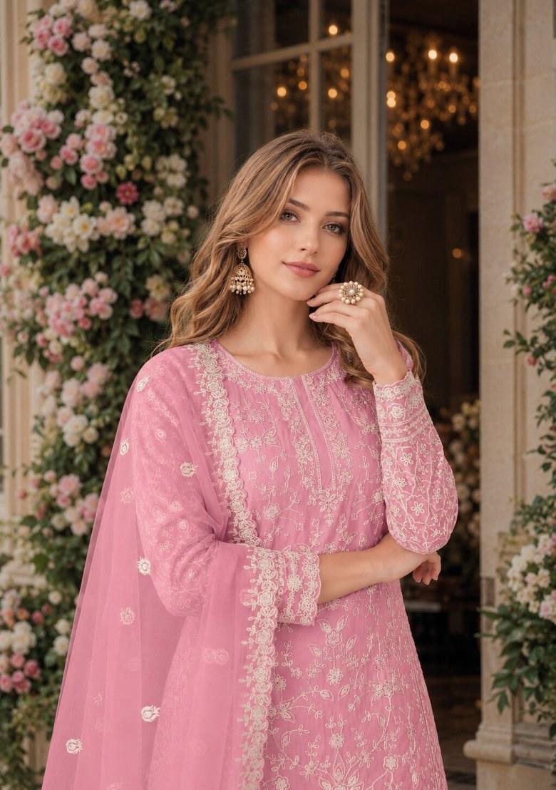 Pink Embroidered Net Palazzo Set - Indya