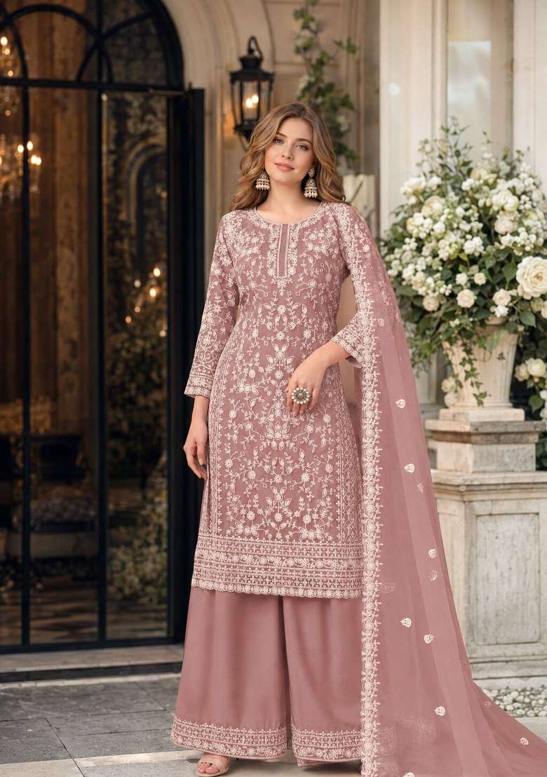 Light Brown Embroidered Net Palazzo Set - Indya