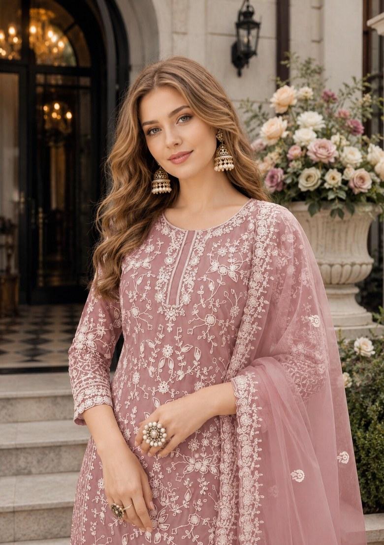 Light Brown Embroidered Net Palazzo Set - Indya