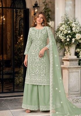 Light Green Embroidered Net Palazzo Set