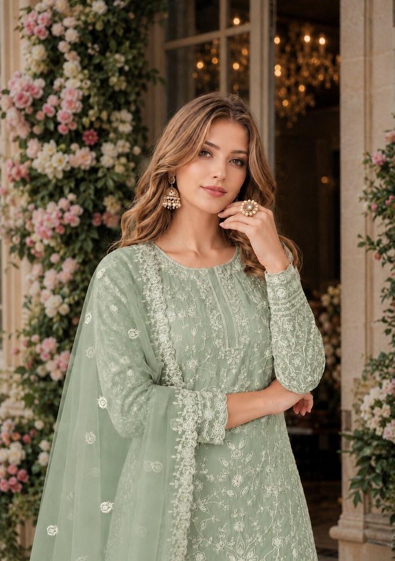 Light Green Embroidered Net Palazzo Set - Indya