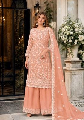 Orange Embroidered Net Palazzo Set