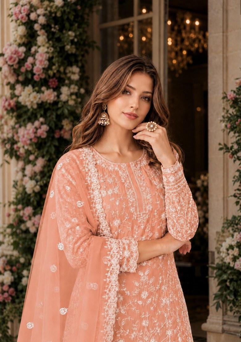 Orange Embroidered Net Palazzo Set - Indya