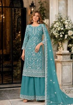 Teal Embroidered Net Palazzo Set
