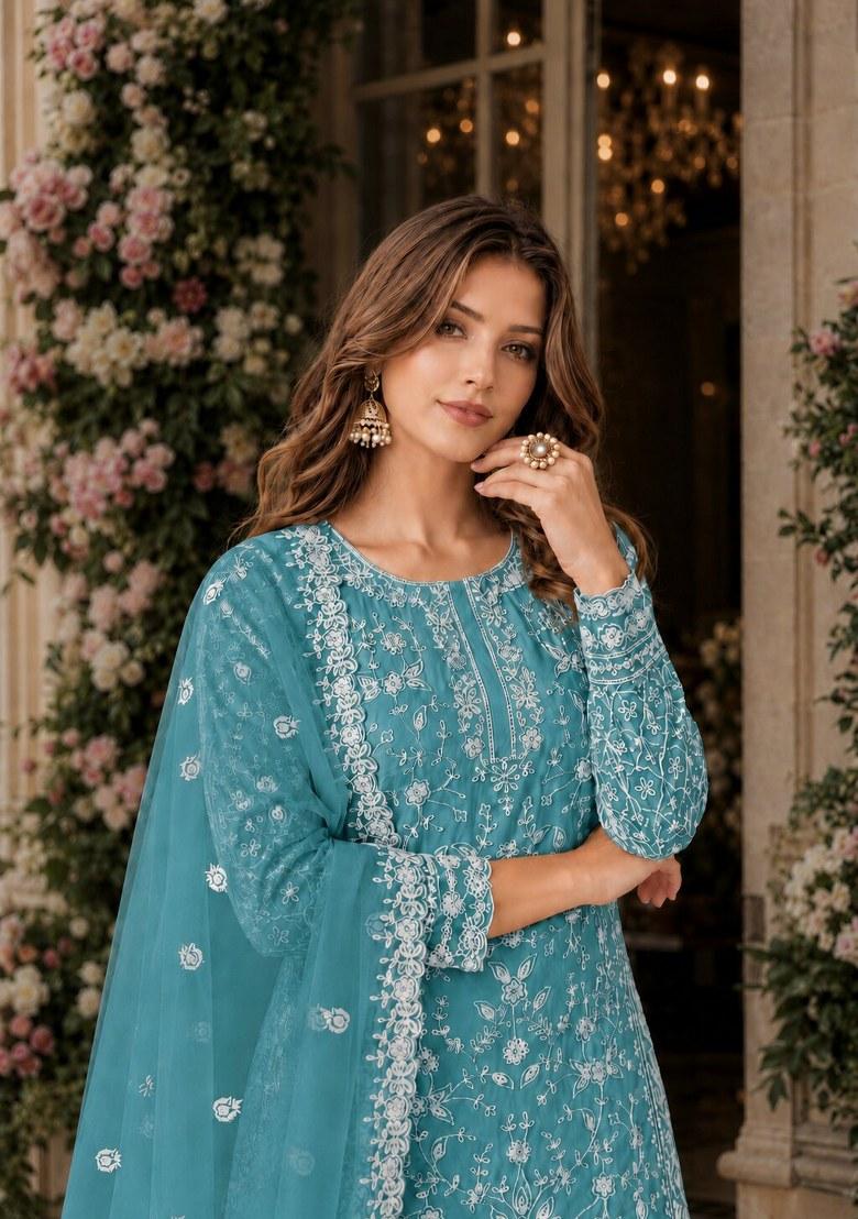 Teal Embroidered Net Palazzo Set - Indya