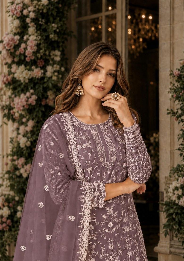 Lavender Embroidered Net Palazzo Set - Indya