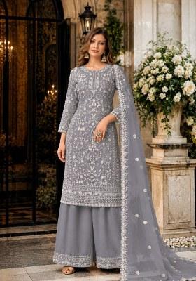 Grey Embroidered Net Palazzo Set
