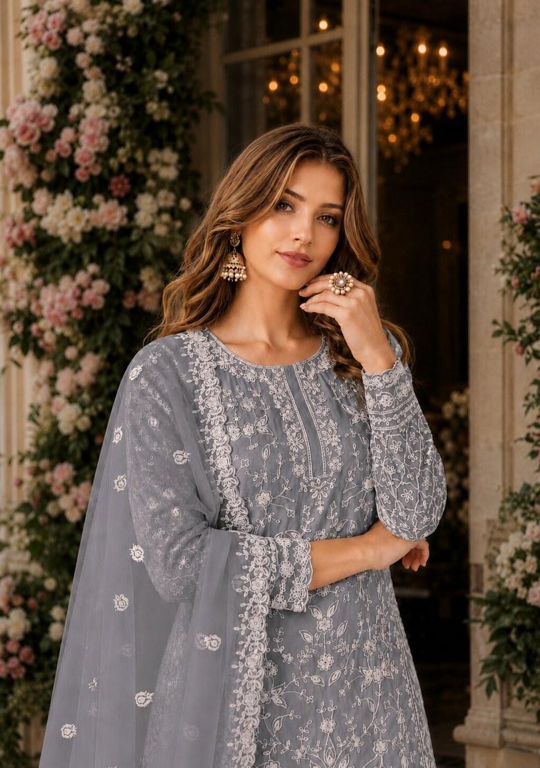 Grey Embroidered Net Palazzo Set - Indya