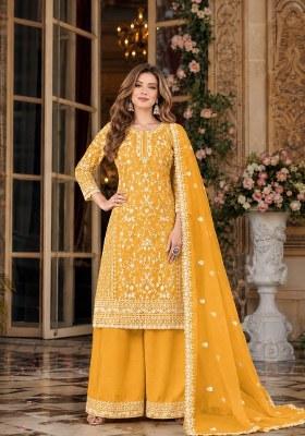 Yellow Embroidered Net Palazzo Set