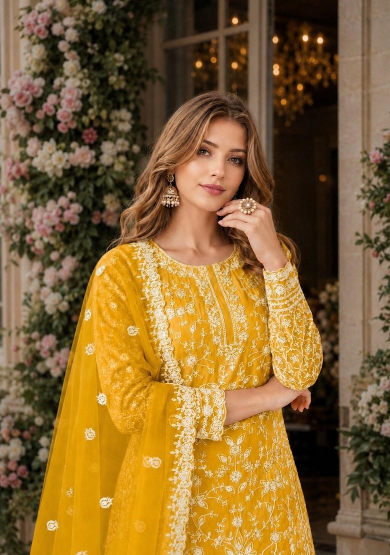 Yellow Embroidered Net Palazzo Set - Indya