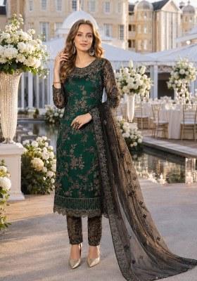 Green Embroidered Net Palazzo Set