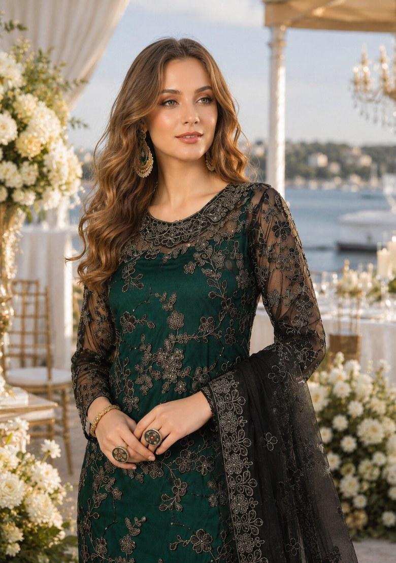 Green Embroidered Net Palazzo Set - Indya