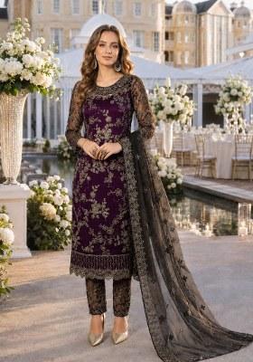 Purple Embroidered Net Palazzo Set