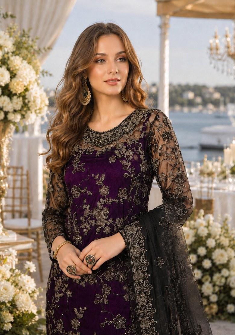 Purple Embroidered Net Palazzo Set - Indya
