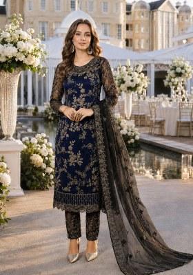 Navy Blue Embroidered Net Palazzo Set