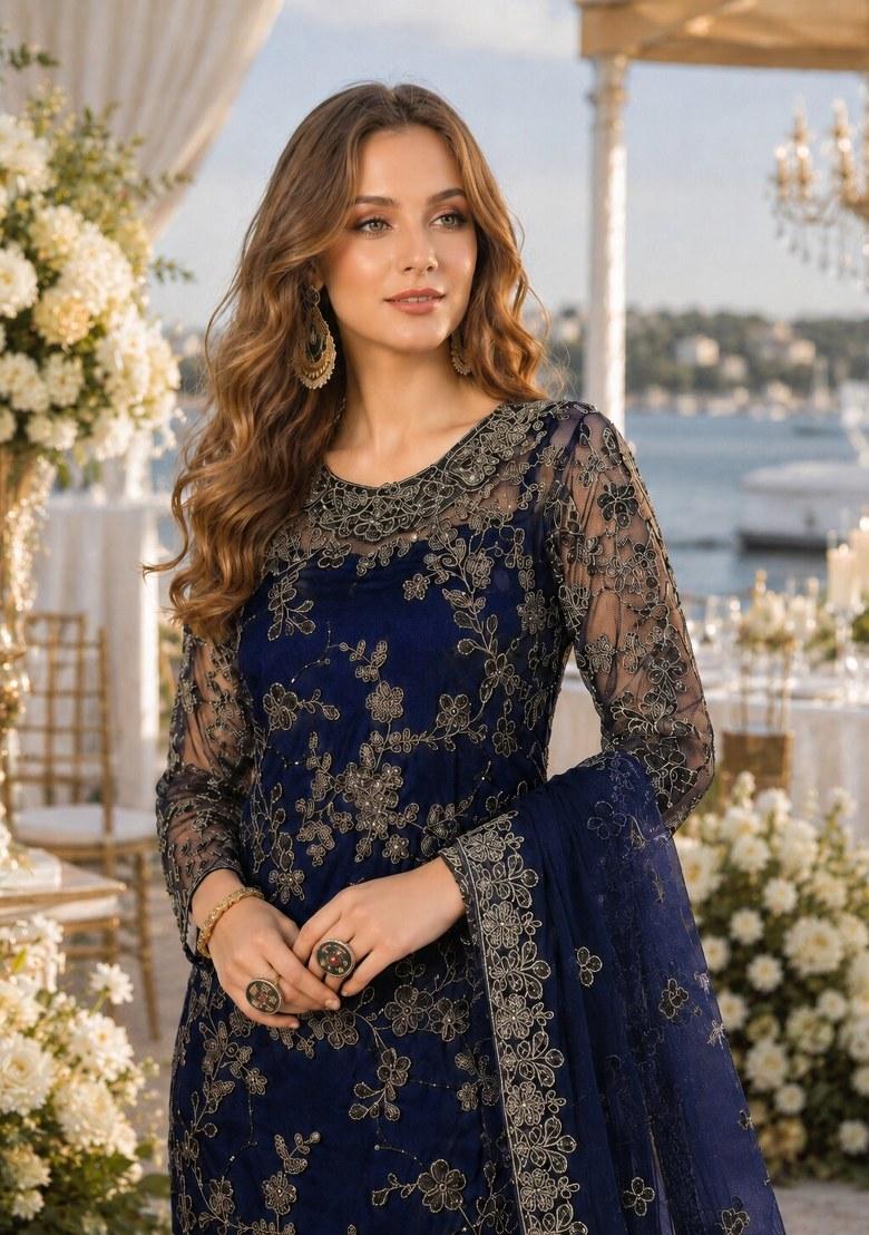 Navy Blue Embroidered Net Palazzo Set - Indya