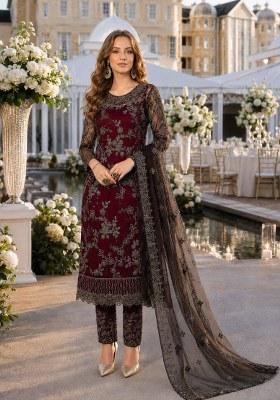 Maroon Embroidered Net Palazzo Set