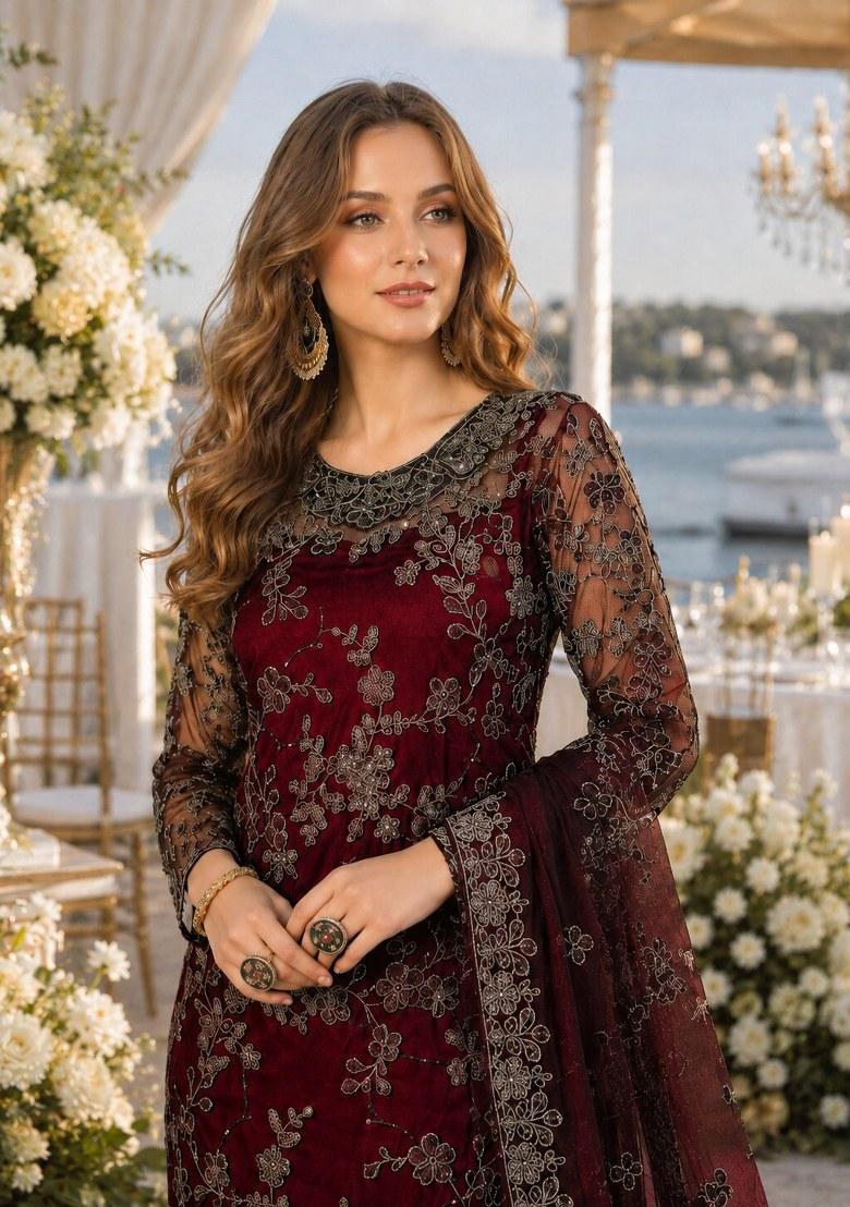 Maroon Embroidered Net Palazzo Set - Indya