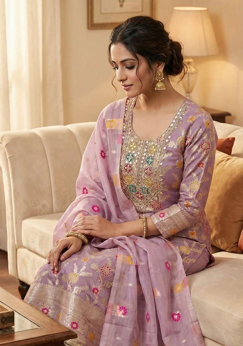 Lavender Embroidered Chanderi&nbsp; Kurta Set - Indya