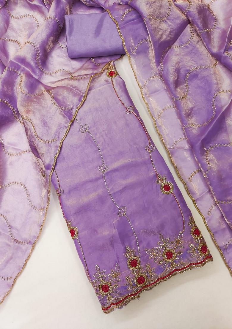 Lavender Embroidered Silk Kurta Set - Indya