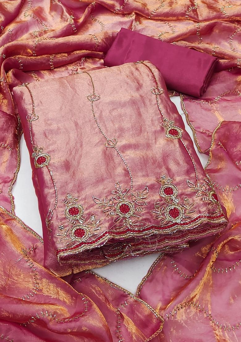 Pink Embroidered Silk Kurta Set - Indya