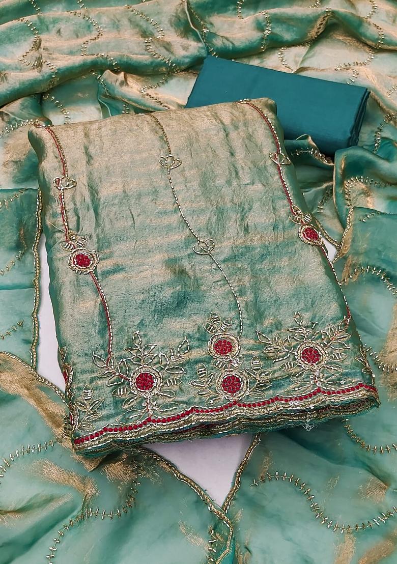Sea Green Embroidered Silk Kurta Set - Indya