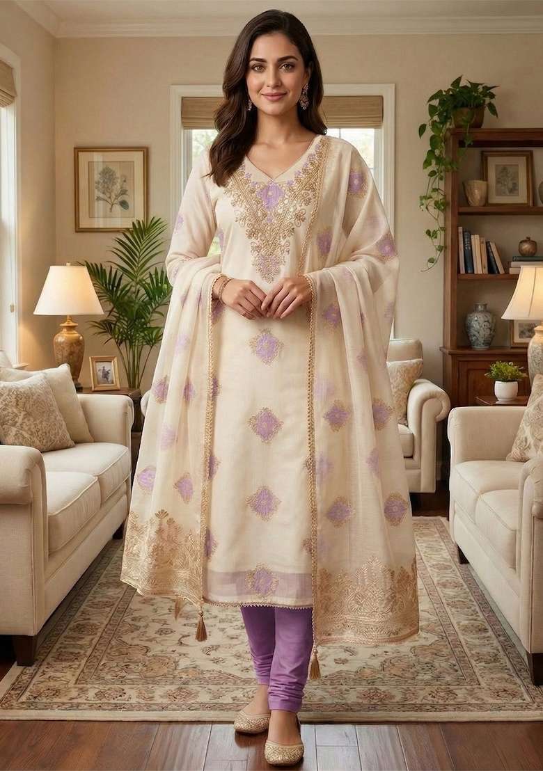 Off White Embroidered Chanderi&nbsp; Kurta Set - Indya