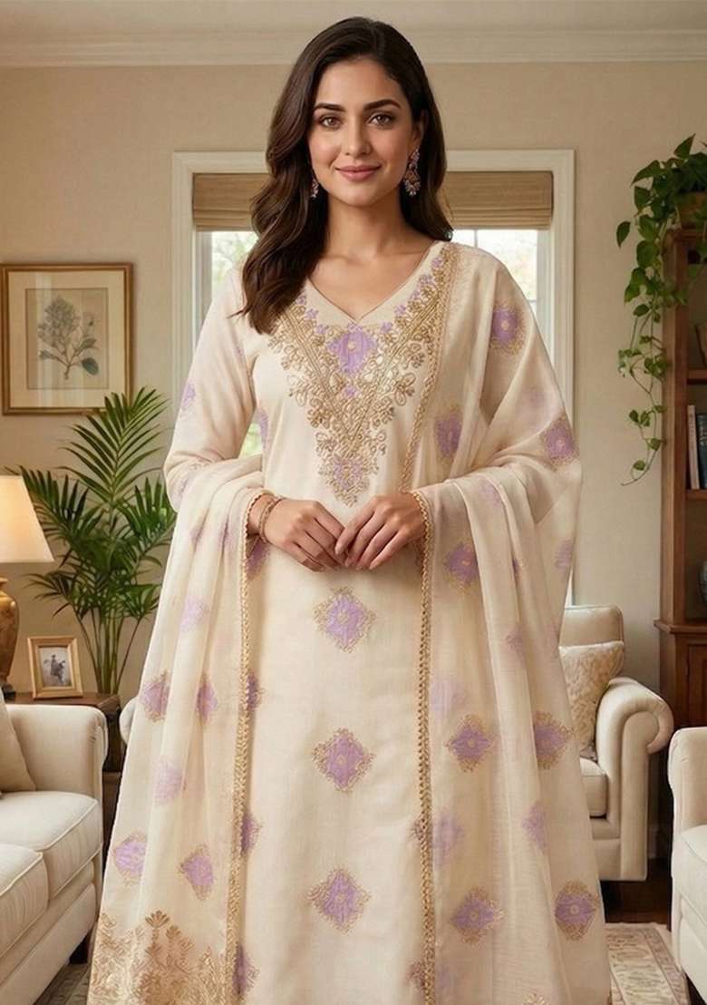 Off White Embroidered Chanderi&nbsp; Kurta Set - Indya