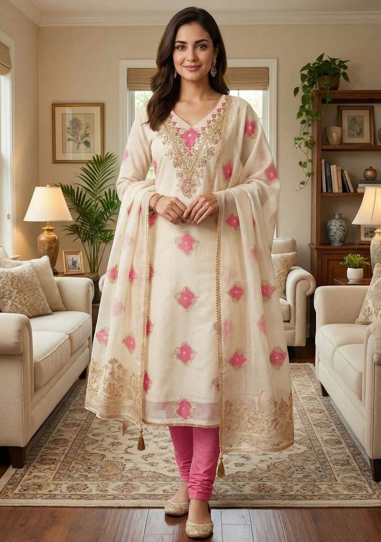 Off White Embroidered Chanderi&nbsp; Kurta Set - Indya