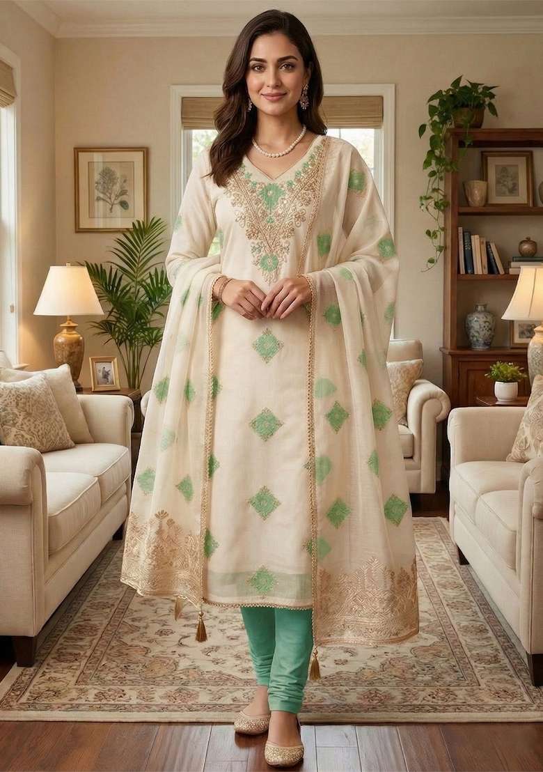 Off White Embroidered Chanderi&nbsp; Kurta Set - Indya