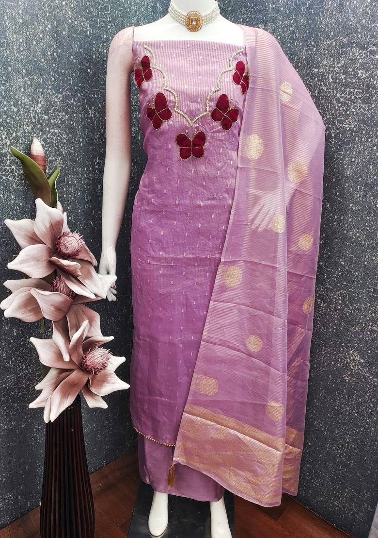 Lavender Hand Work Silk Kurta Set - Indya