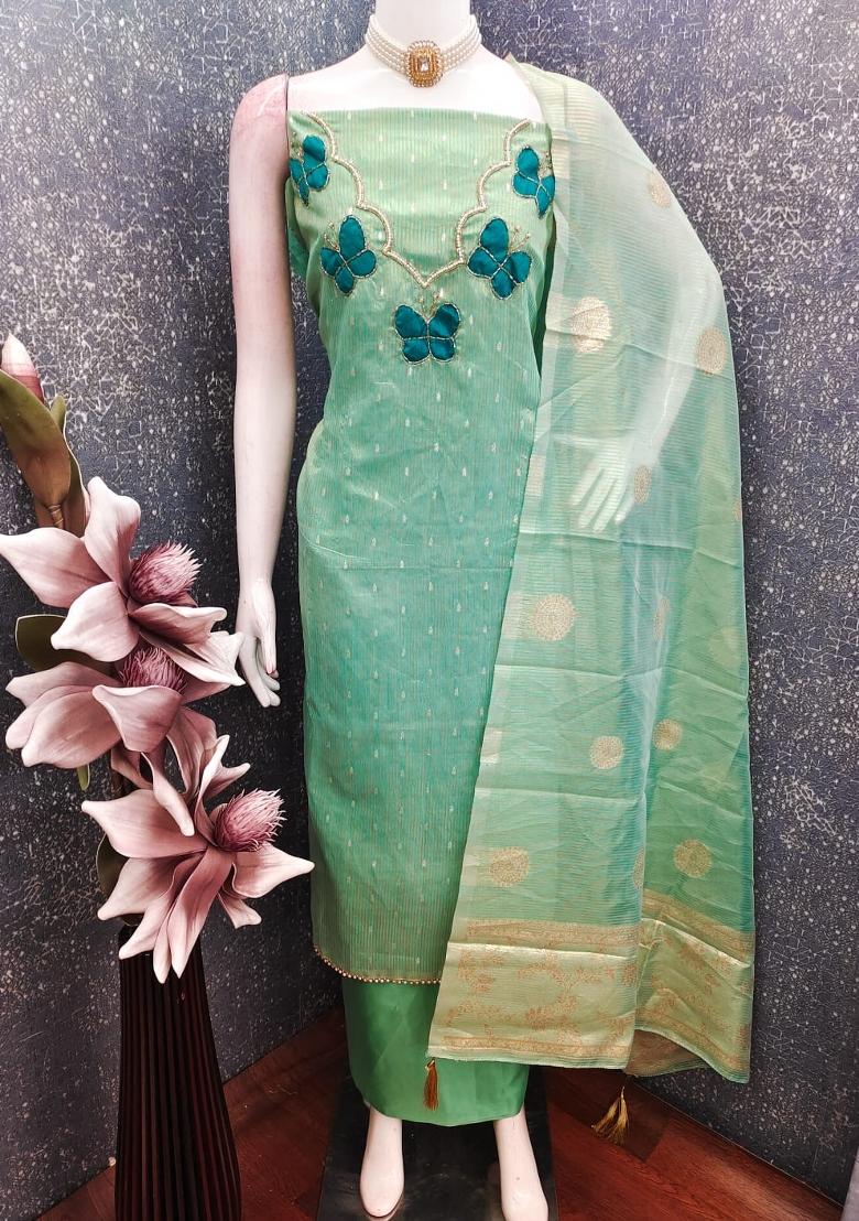 Sea Green Hand Work Silk Kurta Set - Indya