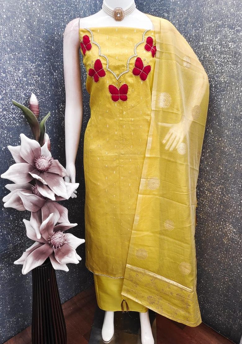Yellow Hand Work Silk Kurta Set - Indya