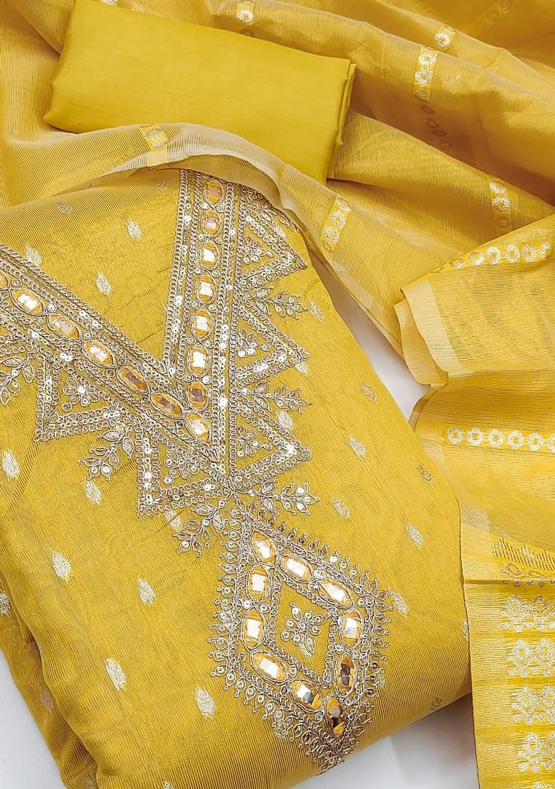 Yellow Embroidered Shimmer Kurta Set - Indya