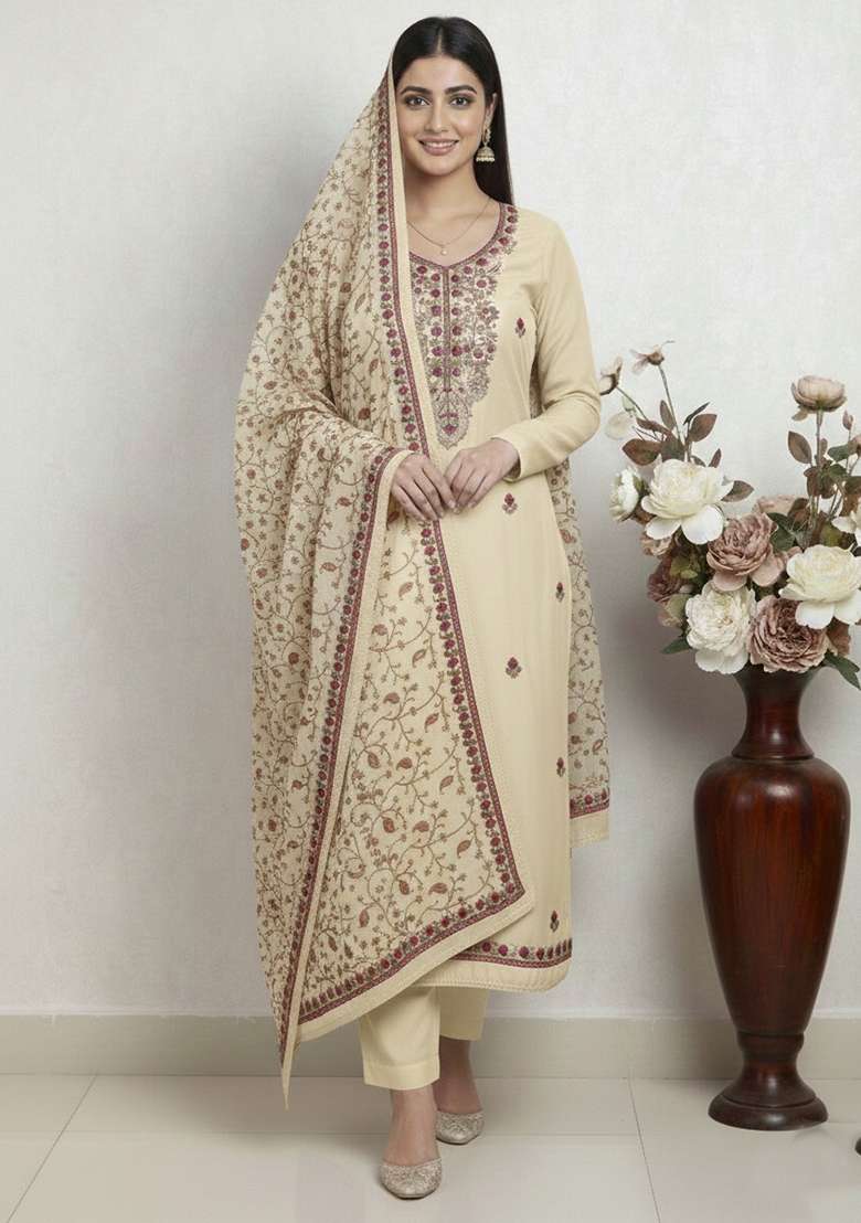 Beige Embroidered Silk Kurta Set - Indya